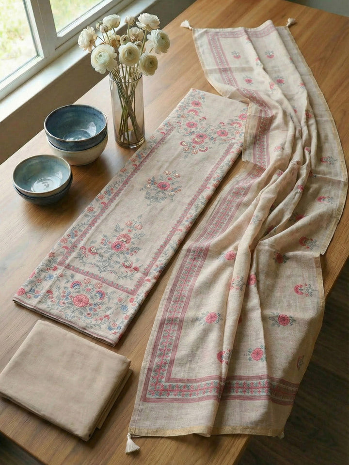 Printed Linen Blend Unstitched Suit With Pant &amp; Dupatta
