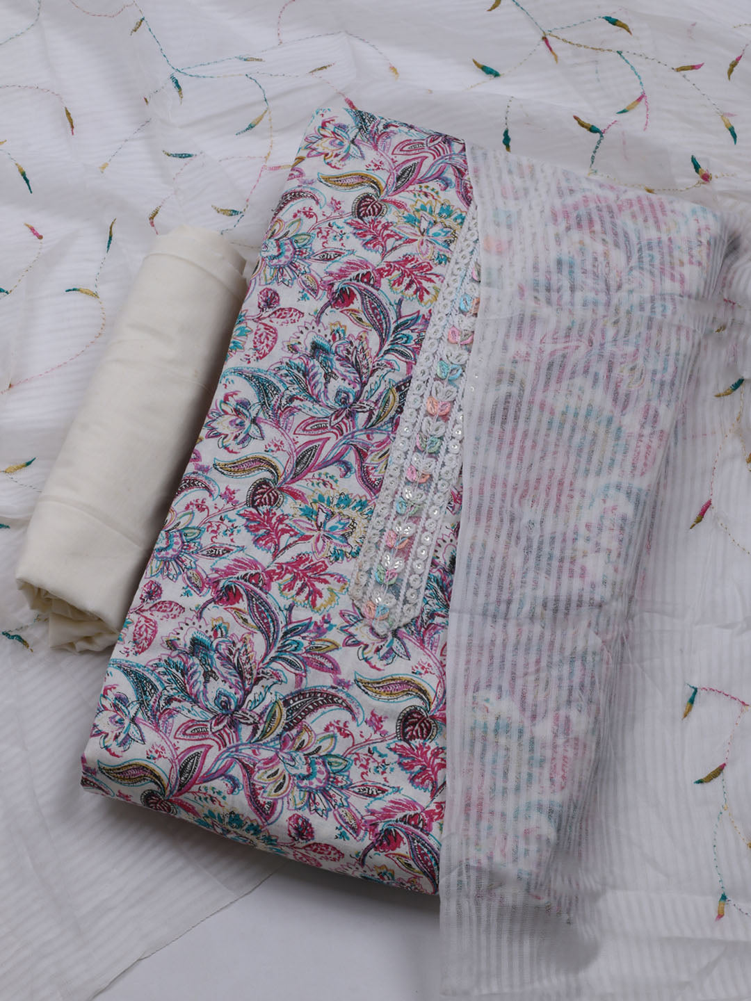 Printed Cotton Blend Unstitched Suit With Dupatta