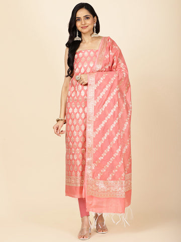 Ethnic Motifs Woven Chanderi Unstitched Suit With Dupatta