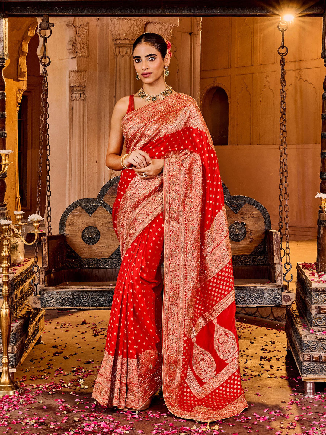 Red Embroidered Design Dola Silk Saree