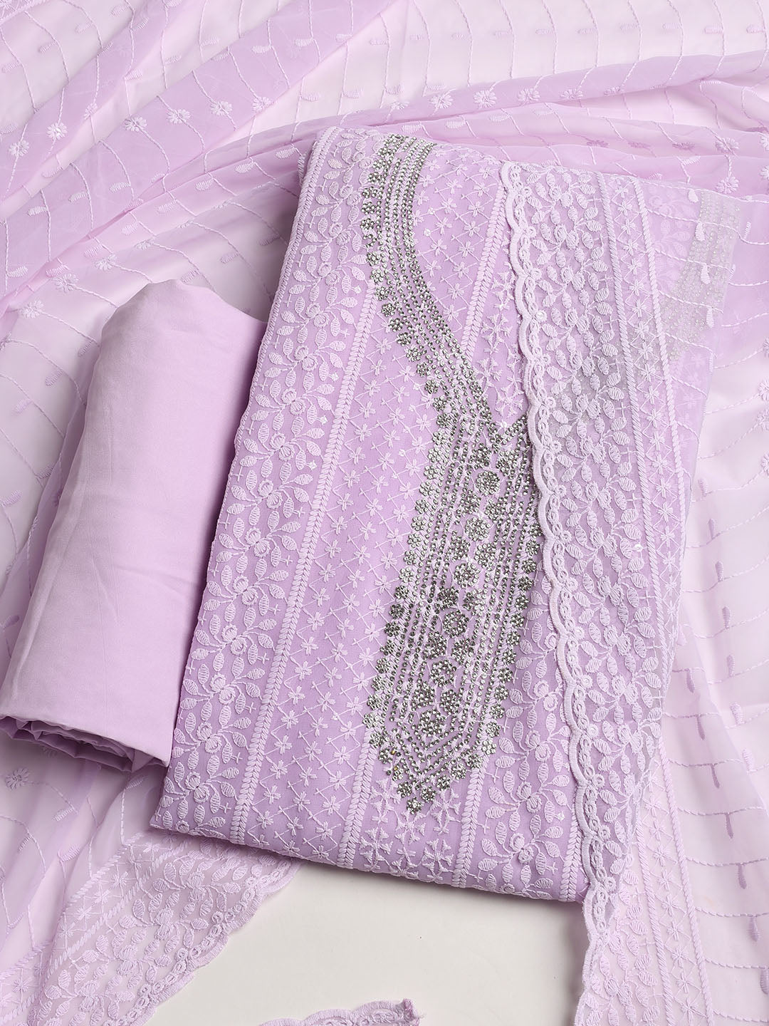 Chikan Work Georgette Unstitched Suit With Dupatta