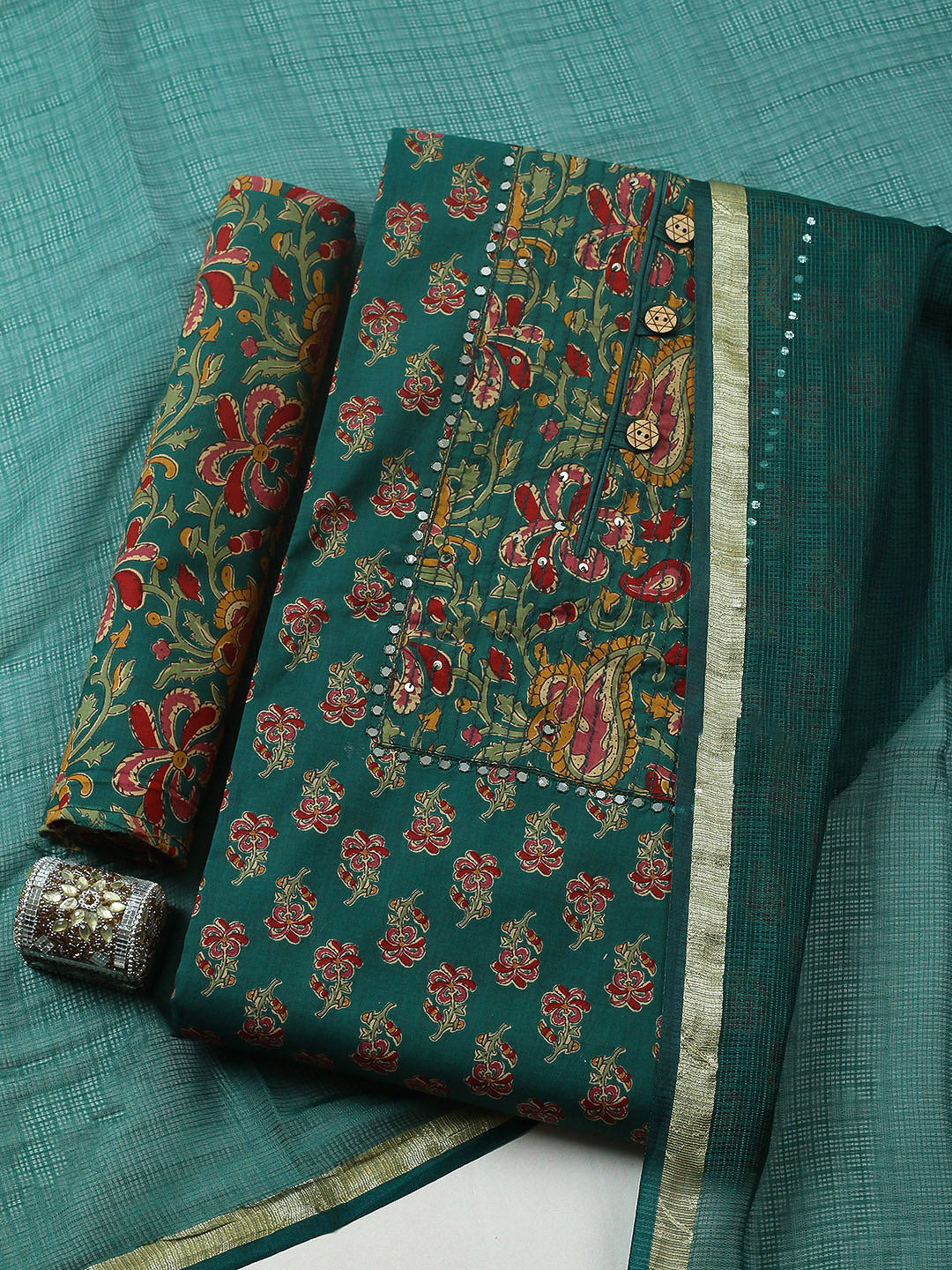 Embroidered Cotton Blend Unstitched Suit With Pant &amp; Dupatta