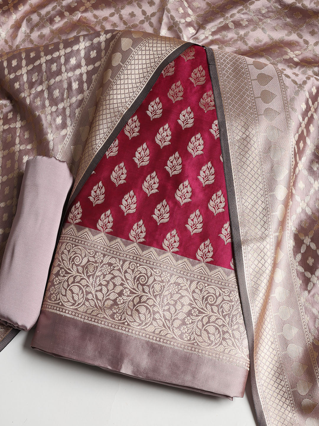 Woven Banarasi Chanderi Unstitched Suit With Dupatta