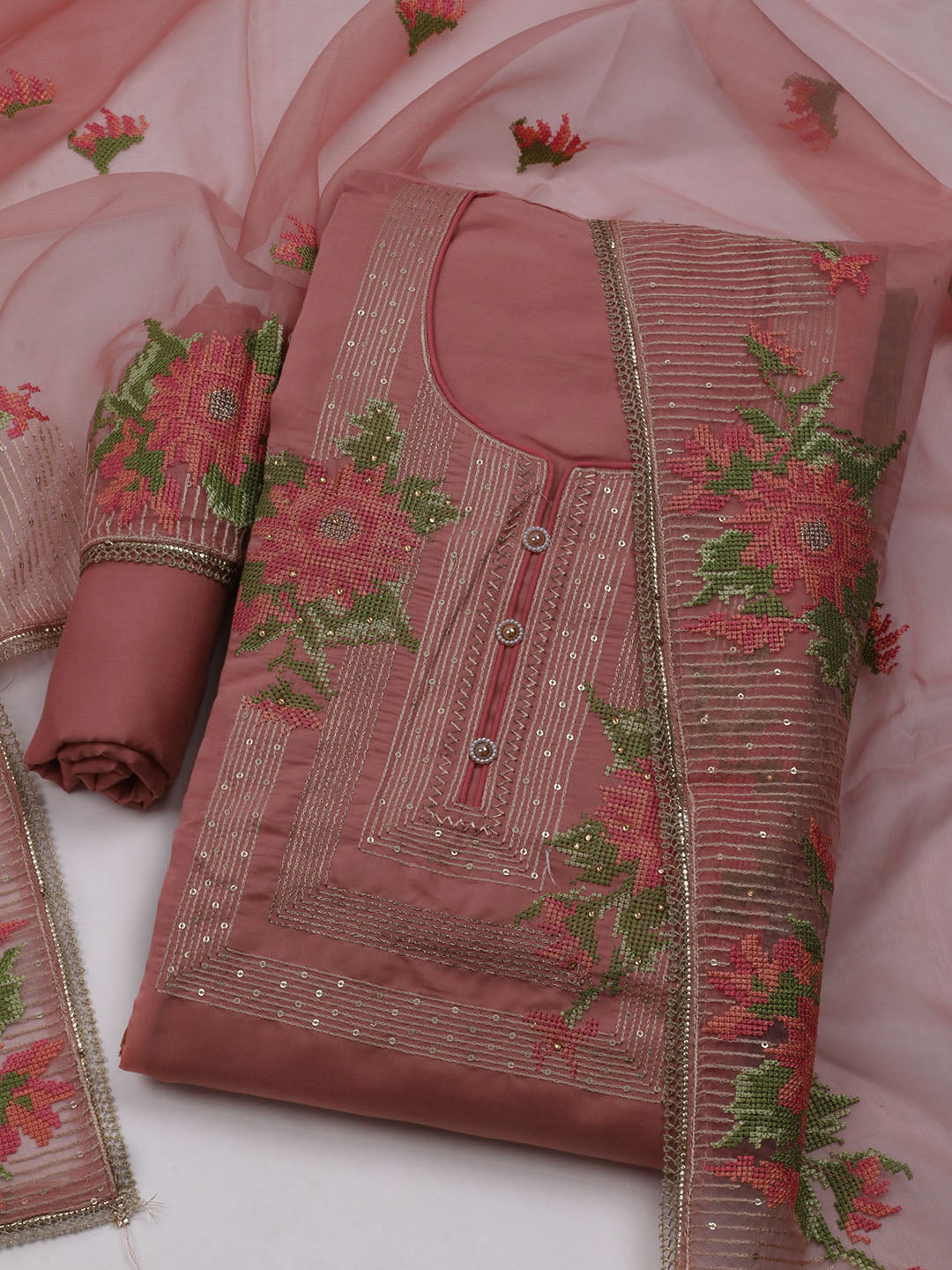 Neck Embroidered Chanderi Unstitched Suit With Dupatta