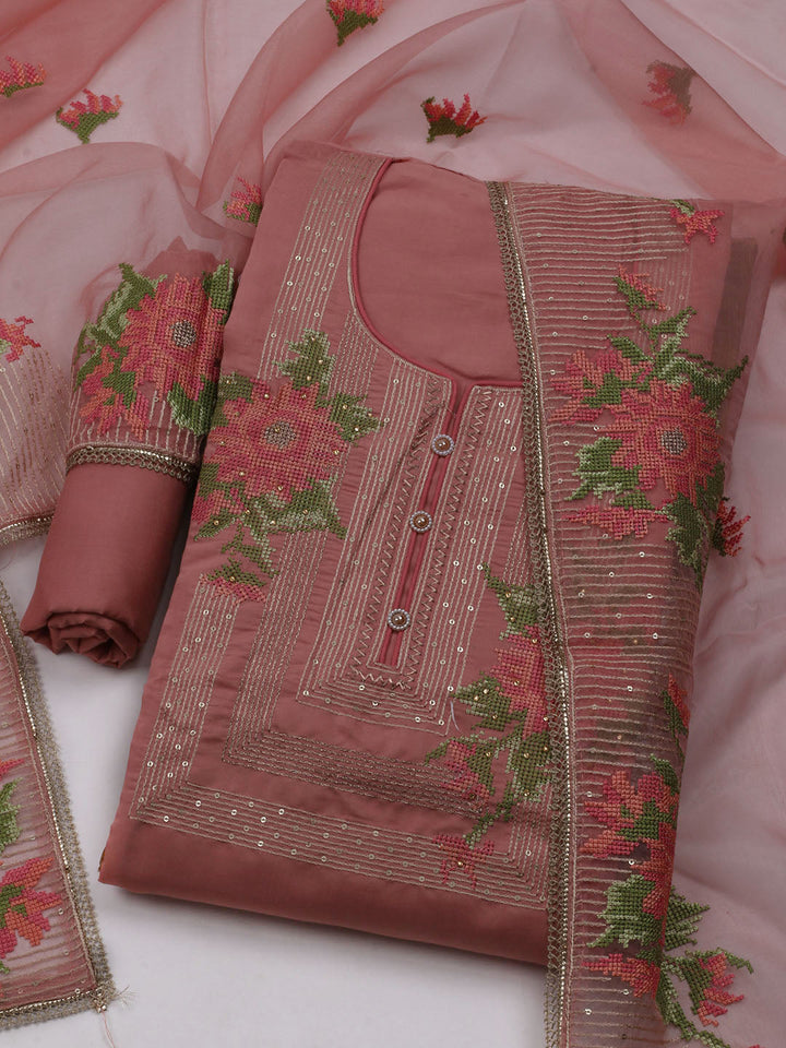 Neck Embroidered Chanderi Unstitched Suit With Dupatta