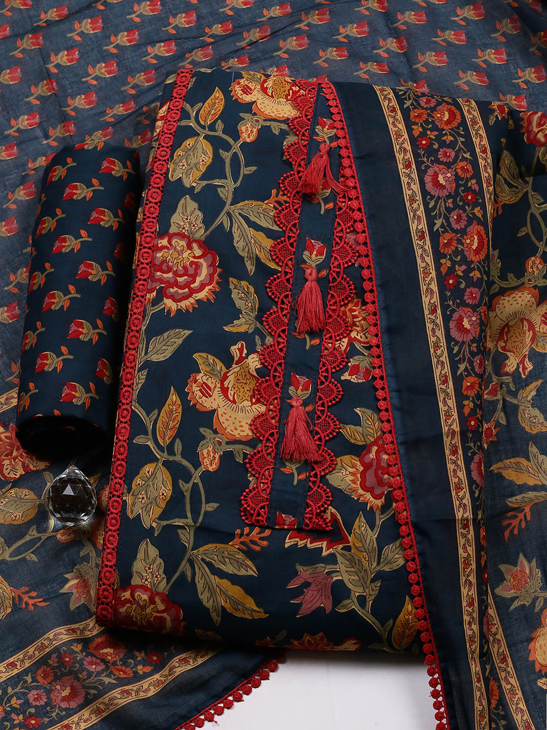 Embroidered Cotton Blend Unstitched Suit With Pant &amp; Dupatta