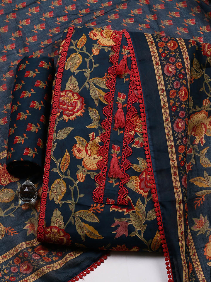 Embroidered Cotton Blend Unstitched Suit With Pant &amp; Dupatta