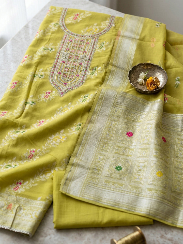 Embroidered Chanderi Unstitched Suit With Pant &amp; Dupatta