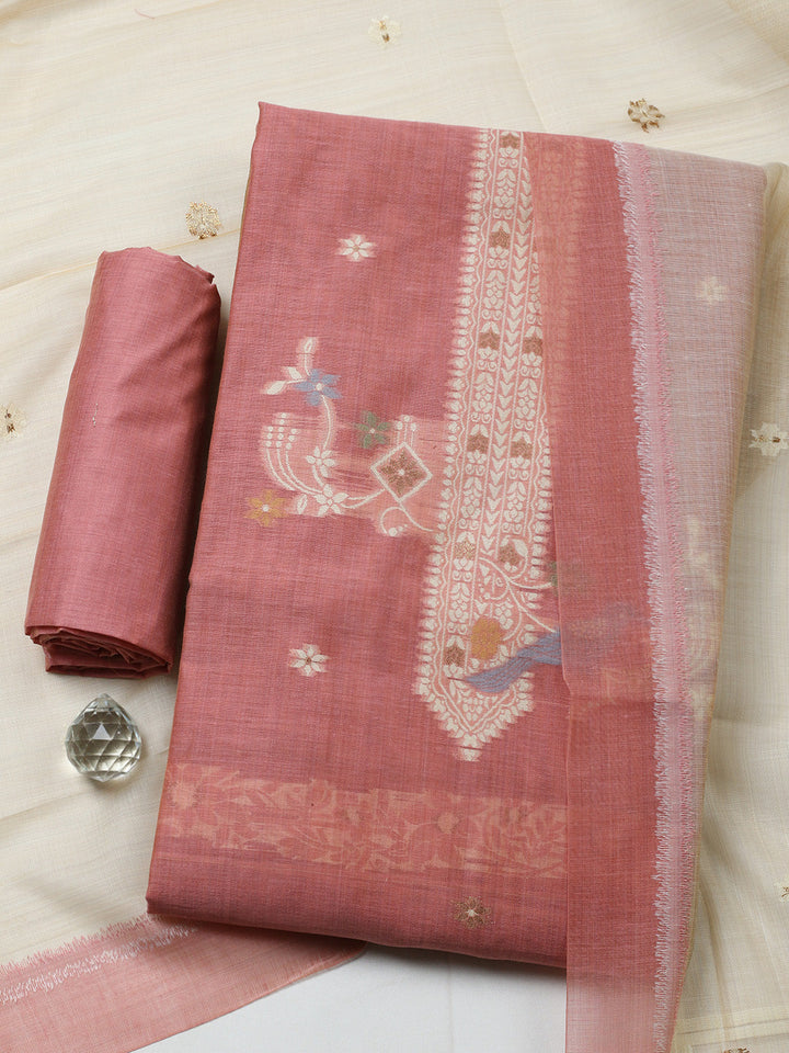 Printed Chanderi Unstitched Suit With Pant &amp; Dupatta