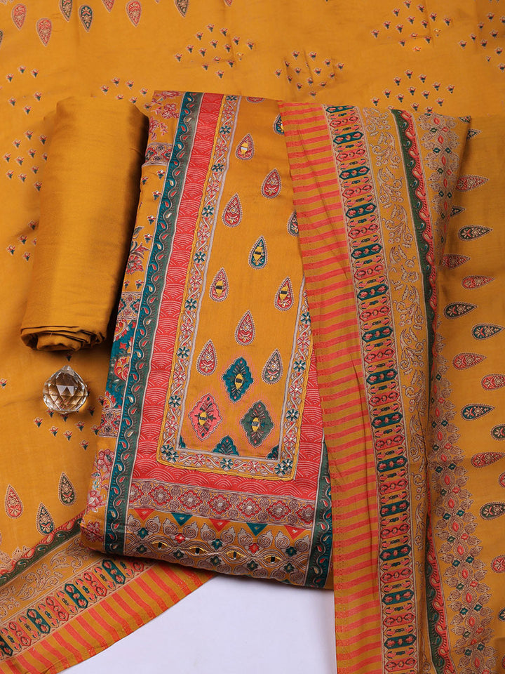 Printed Cotton Blend Unstitched Suit With Pant &amp; Dupatta