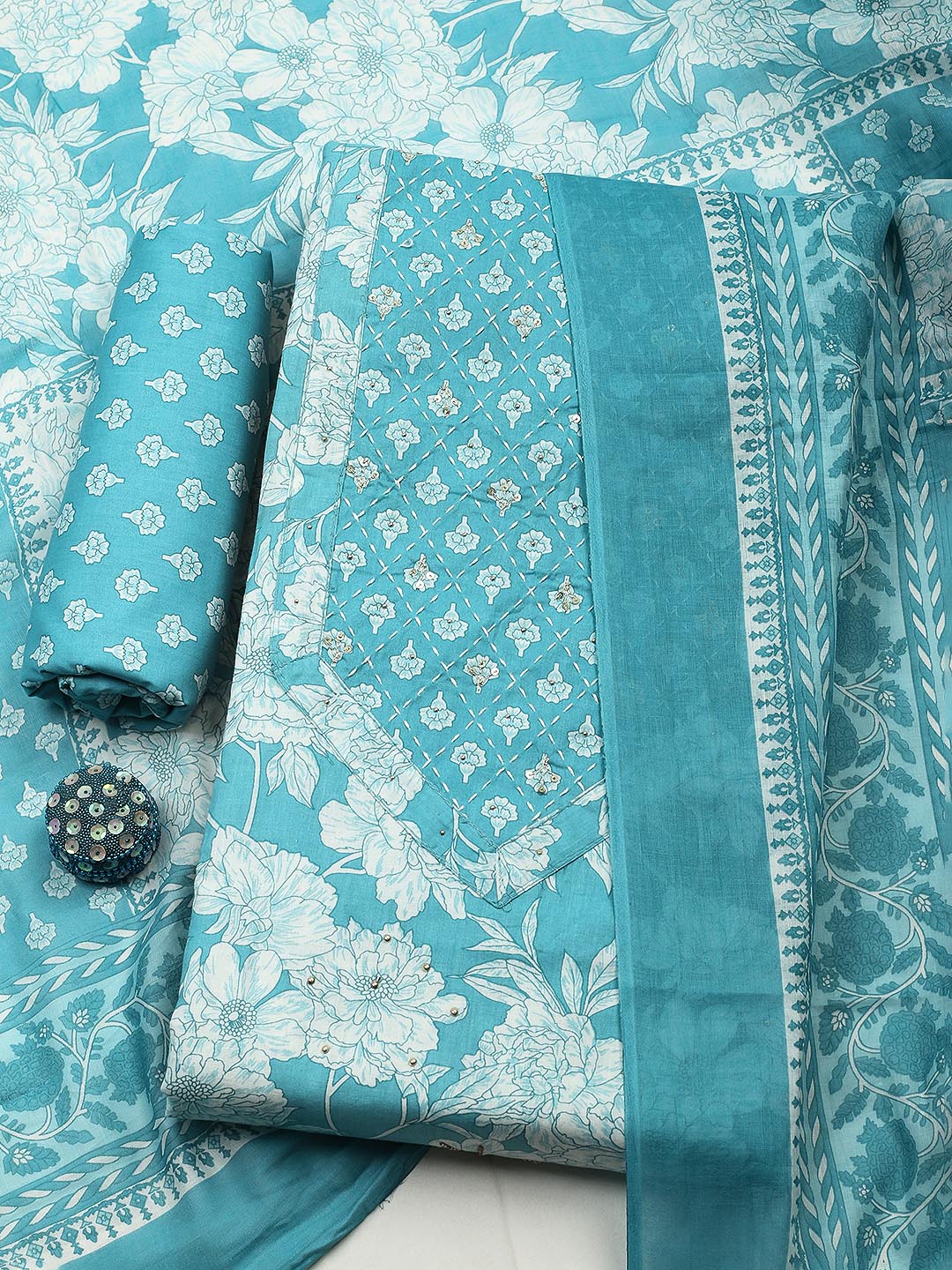 Embroidered Cotton Blend Unstitched Suit With Pant &amp; Dupatta