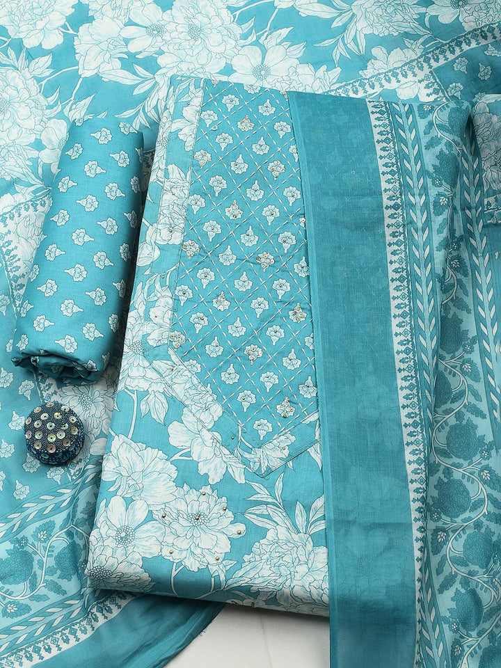Embroidered Cotton Blend Unstitched Suit With Pant &amp; Dupatta