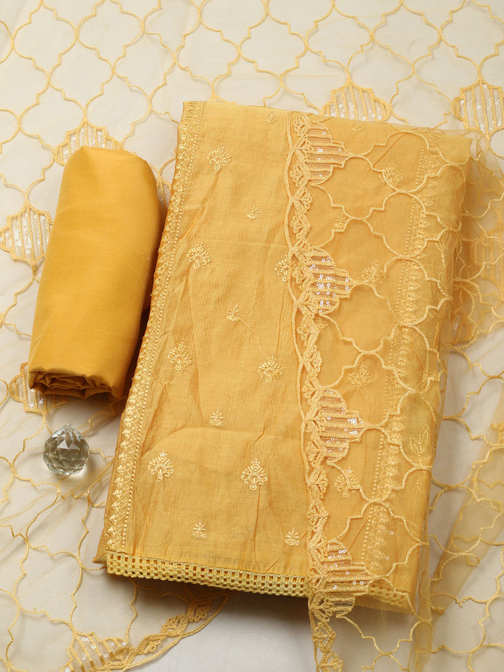 Embroidered Chanderi Unstitched Suit With Pant &amp; Dupatta