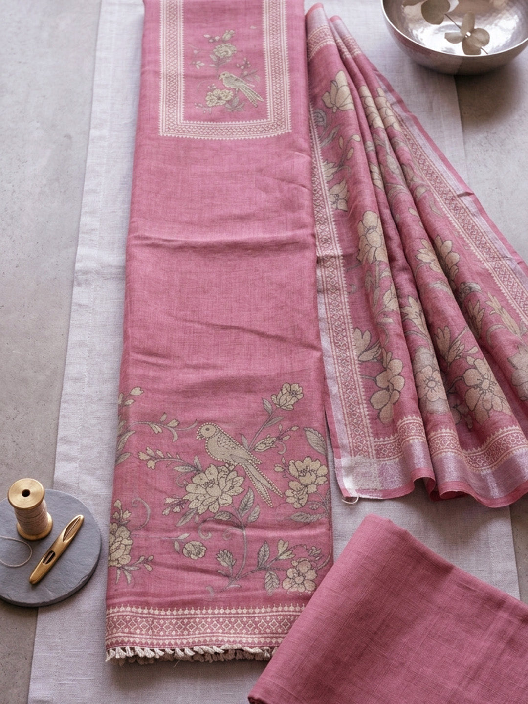Embroidered Linen Blend Unstitched Suit With Pant &amp; Dupatta