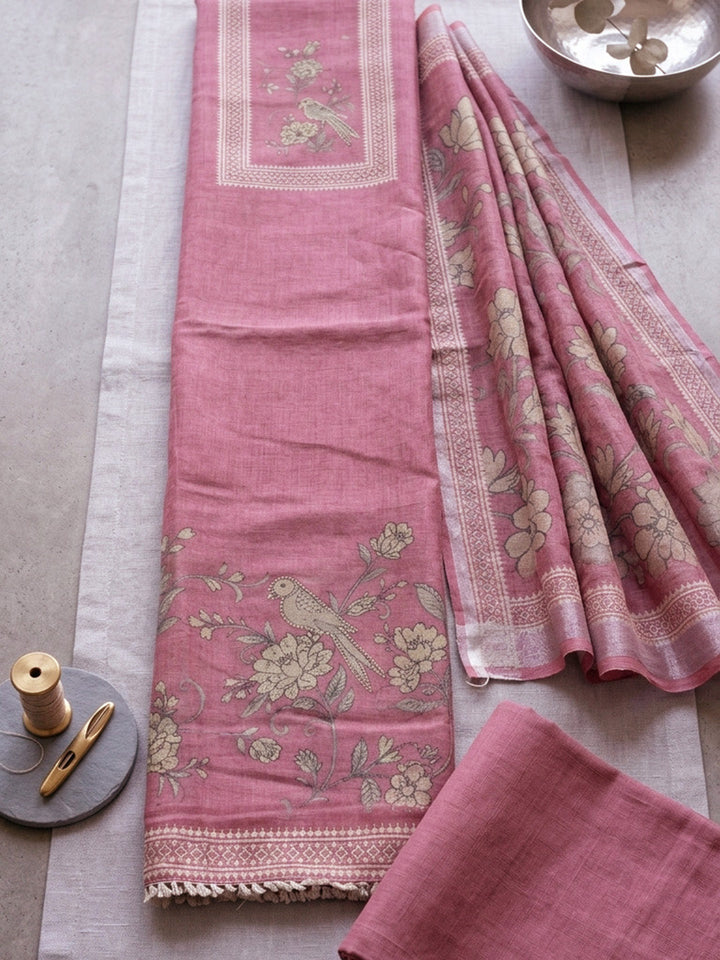 Embroidered Linen Blend Unstitched Suit With Pant &amp; Dupatta