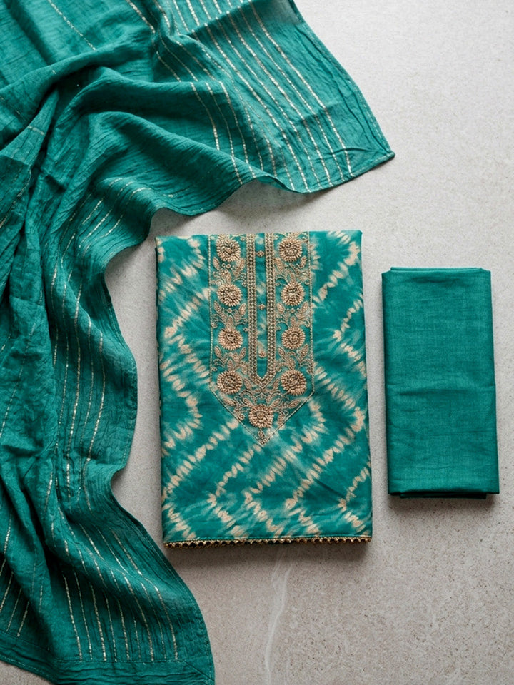 Embroidered Cotton Blend Unstitched Suit With Pant &amp; Dupatta
