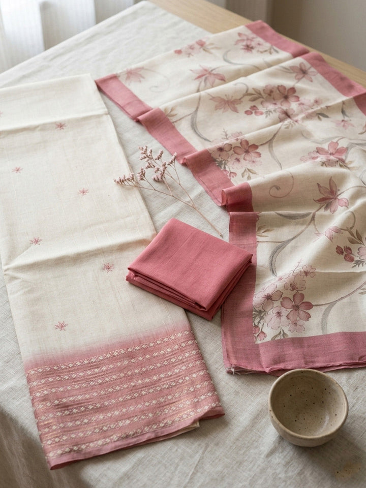 Embroidered Art Silk Unstitched Suit With Pant &amp; Dupatta