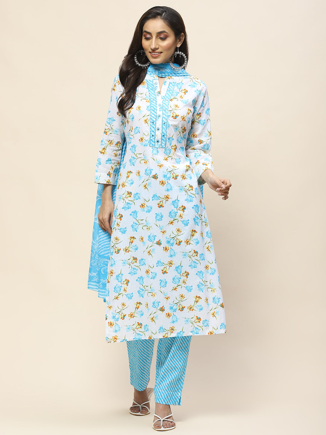 Floral Print Cotton Suit Set With Dupatta