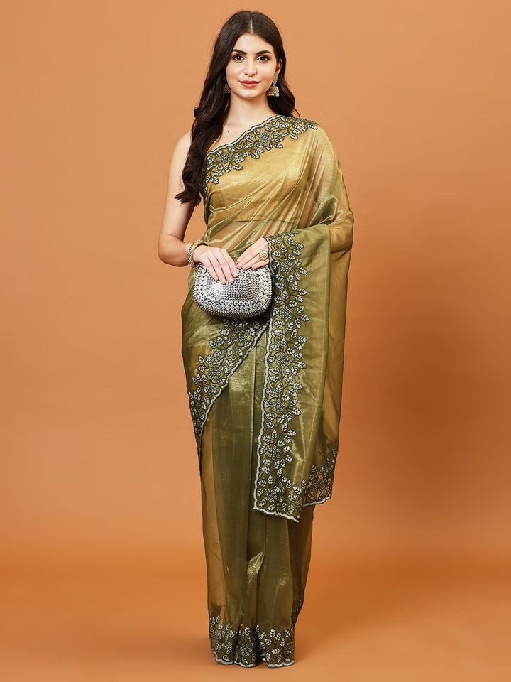Plain Thread Border Embroidered Tissue Saree