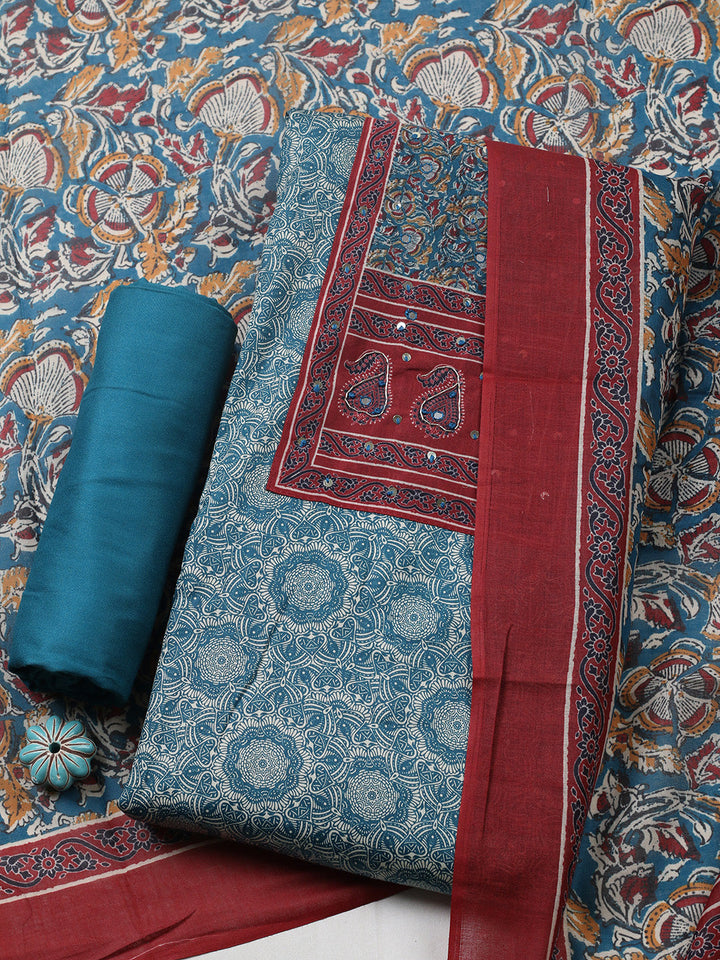 Printed Cotton Blend Unstitched Suit With Pant &amp; Dupatta