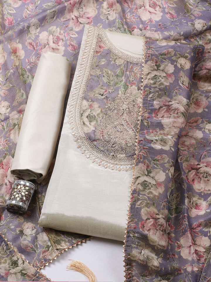 Embroidered Tissue Unstitched Suit With Pant &amp; Dupatta
