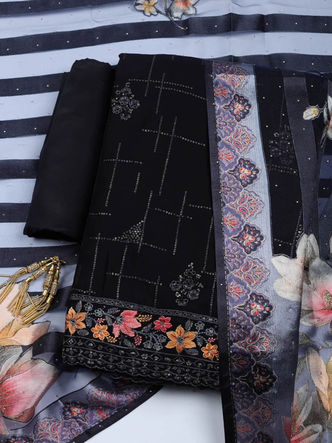 Woven Design Georgette Unstitched Suit With Pant &amp; Dupatta