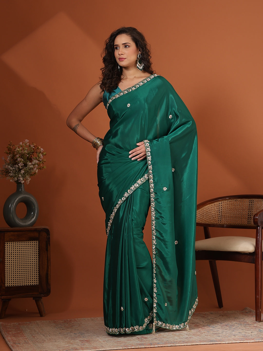 Sequin &amp; Cut Work Embroidered Crepe Saree