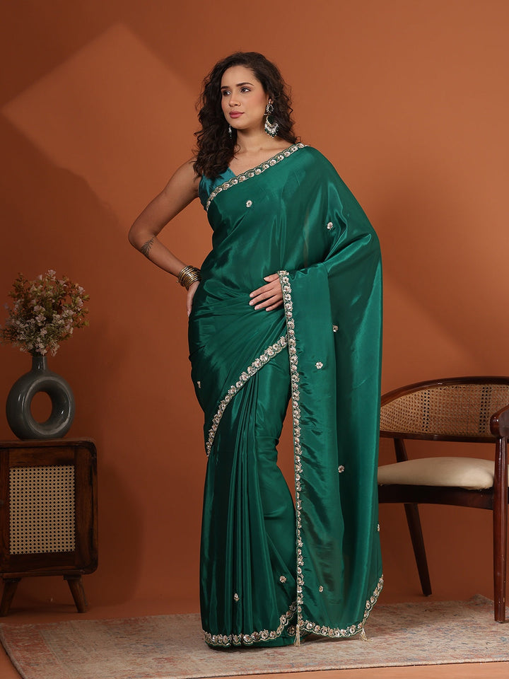 Sequin &amp; Cut Work Embroidered Crepe Saree