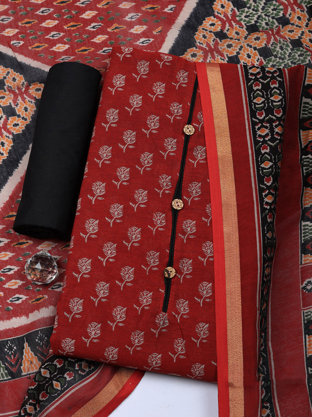 Embroidered Cotton Blend Unstitched Suit With Pant &amp; Dupatta