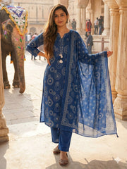 Printed Cotton Blend Kurta With Pant & Dupatta