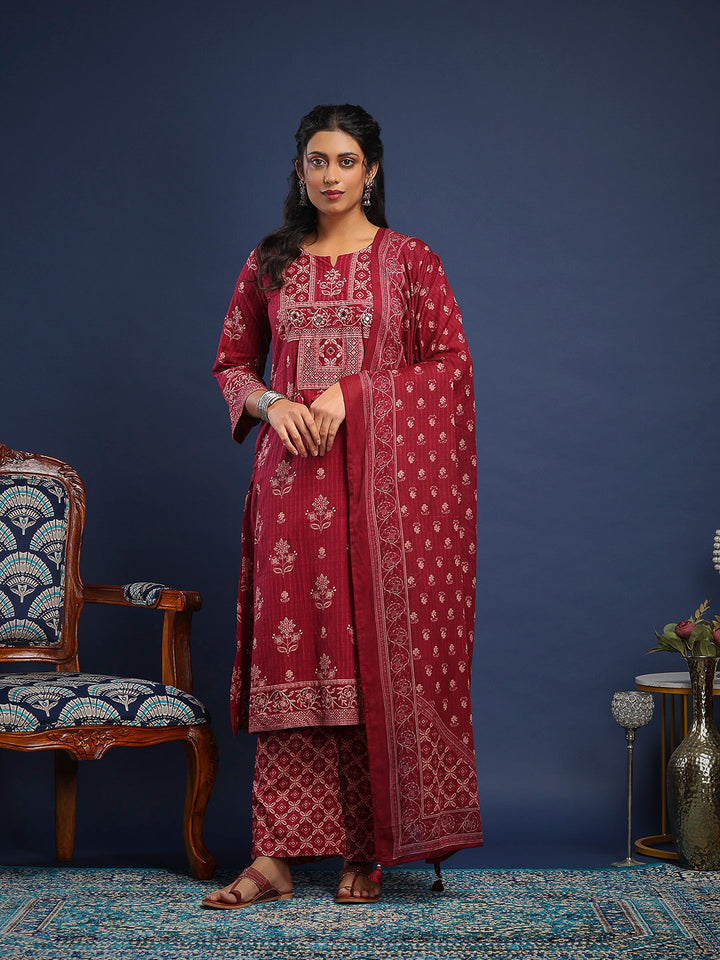 Wine Cotton Blend Printed A Line Suit Set