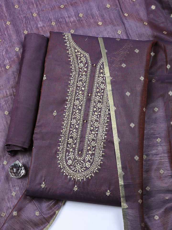 Embroidered Chanderi Unstitched Suit With Pant &amp; Dupatta