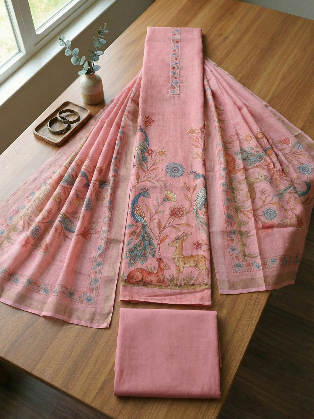 Printed Linen Blend Unstitched Suit With Pant &amp; Dupatta
