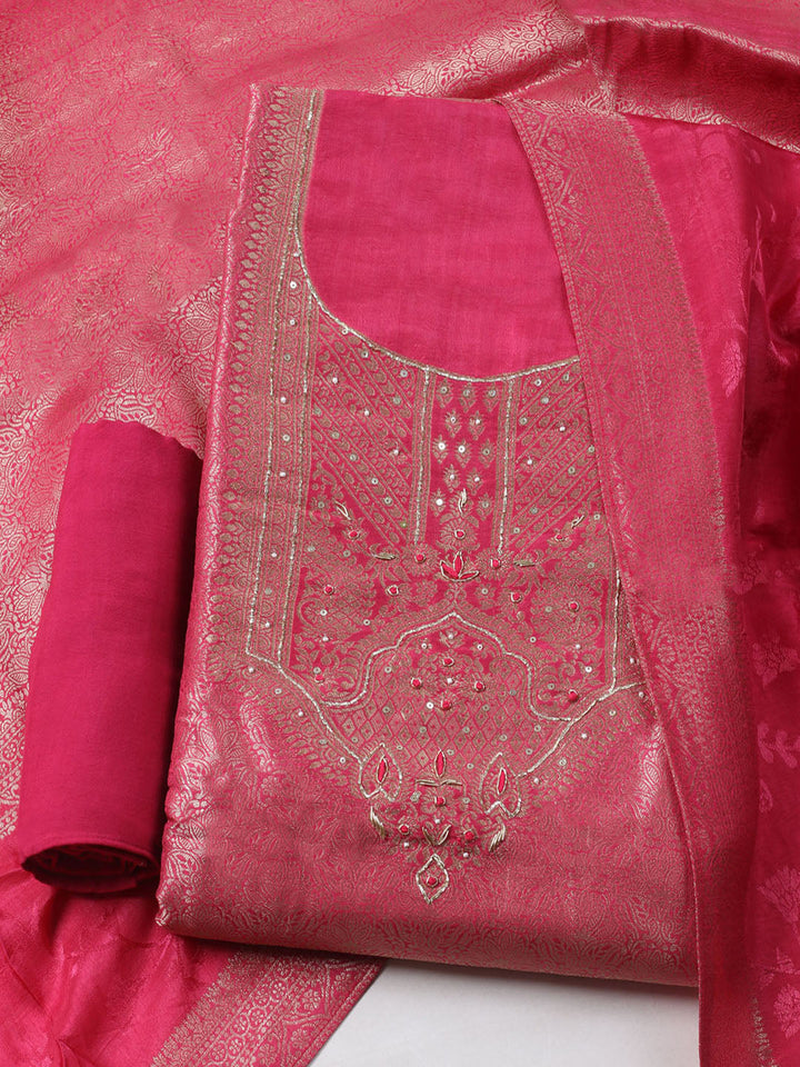 Embroidered Chanderi Unstitched Kurta With Pant &amp; Dupatta