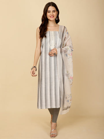 Striped Printed Linen Unstitched Suit Piece With Dupatta