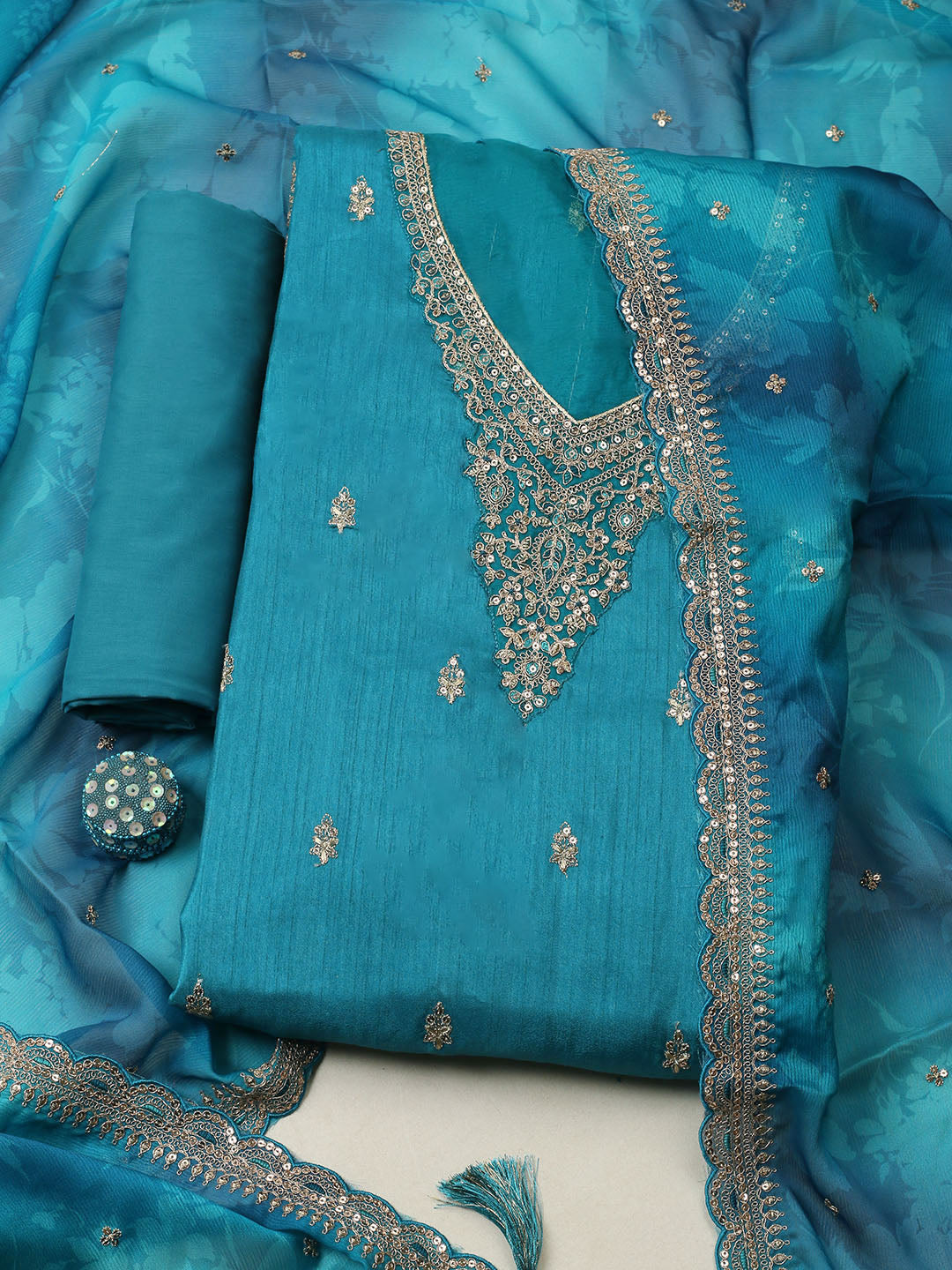 Embroidered Art Silk Unstitched Suit With Pant &amp; Dupatta