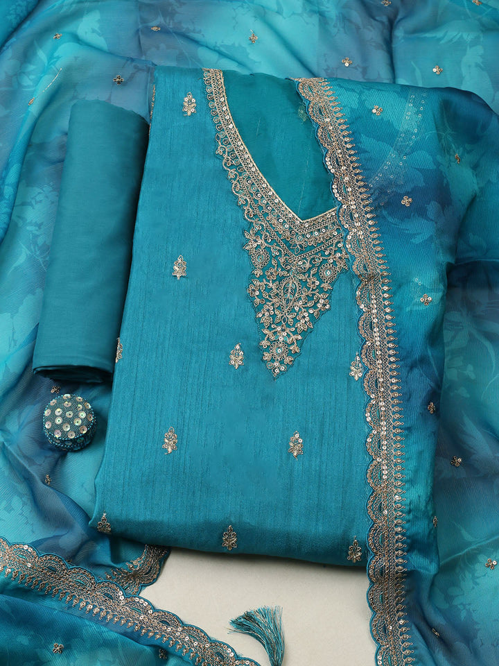 Embroidered Art Silk Unstitched Suit With Pant &amp; Dupatta