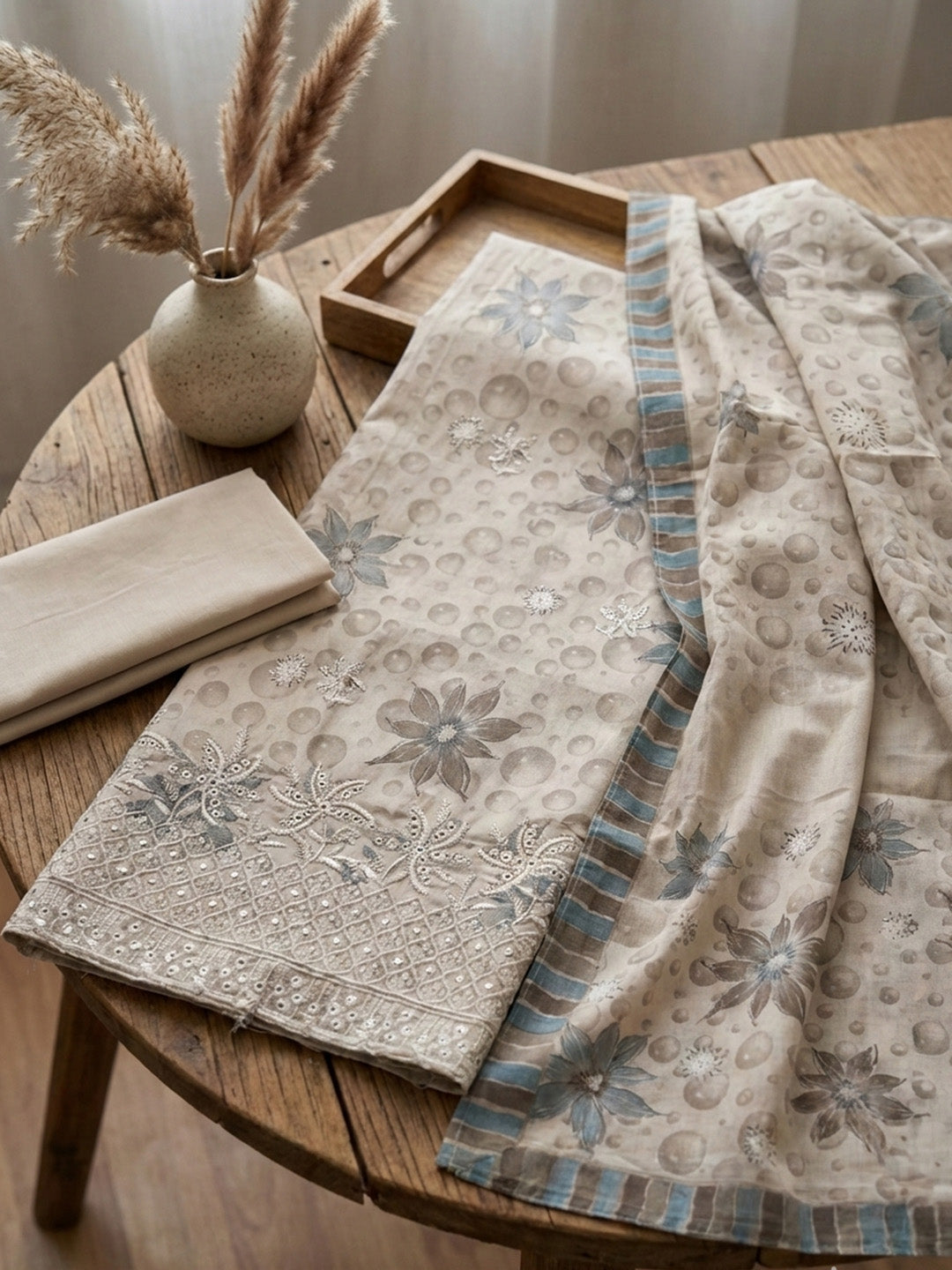 Printed Cotton Blend Unstitched Suit With Pant &amp; Dupatta