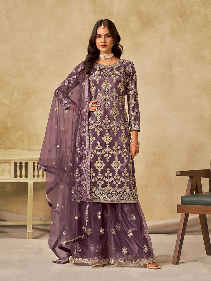 Embroidered Net  Semi Stitched Kurta With Sharara &amp; Dupatta