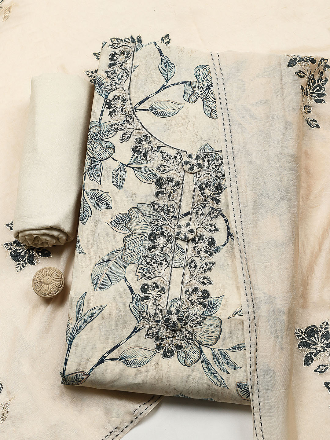 Embroidered Cotton Blend Unstitched Suit With Pant &amp; Dupatta