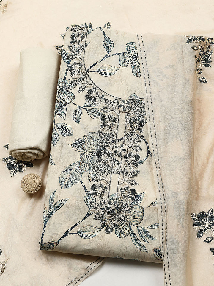 Embroidered Cotton Blend Unstitched Suit With Pant &amp; Dupatta