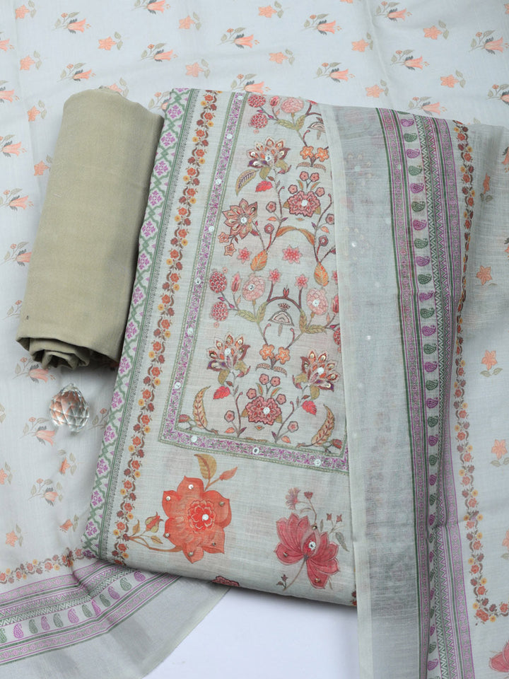 Printed Linen Blend Unstitched Suit With Pant &amp; Dupatta