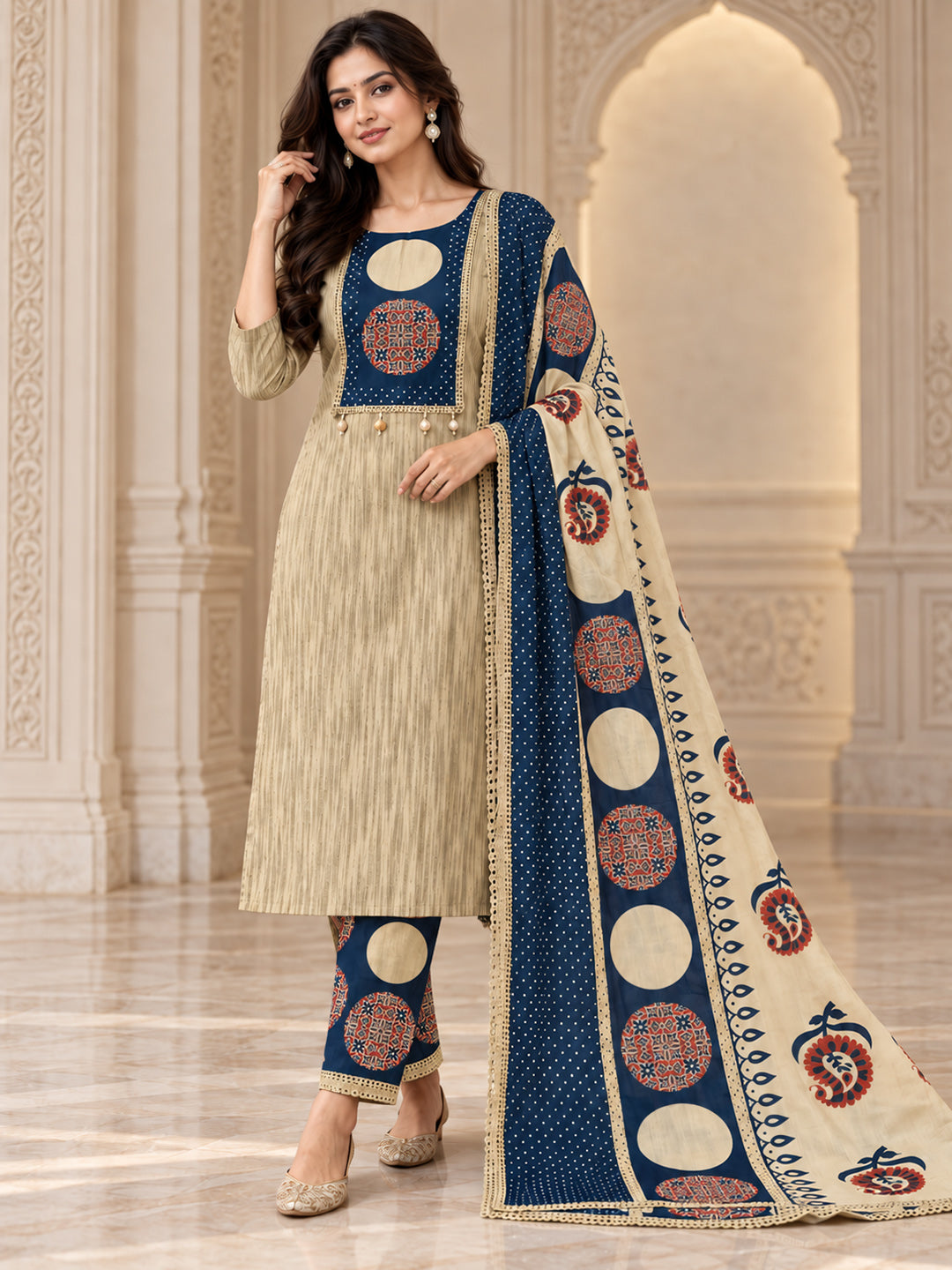 Beige Cotton Blend Embroidered Unstitched Dress Material
