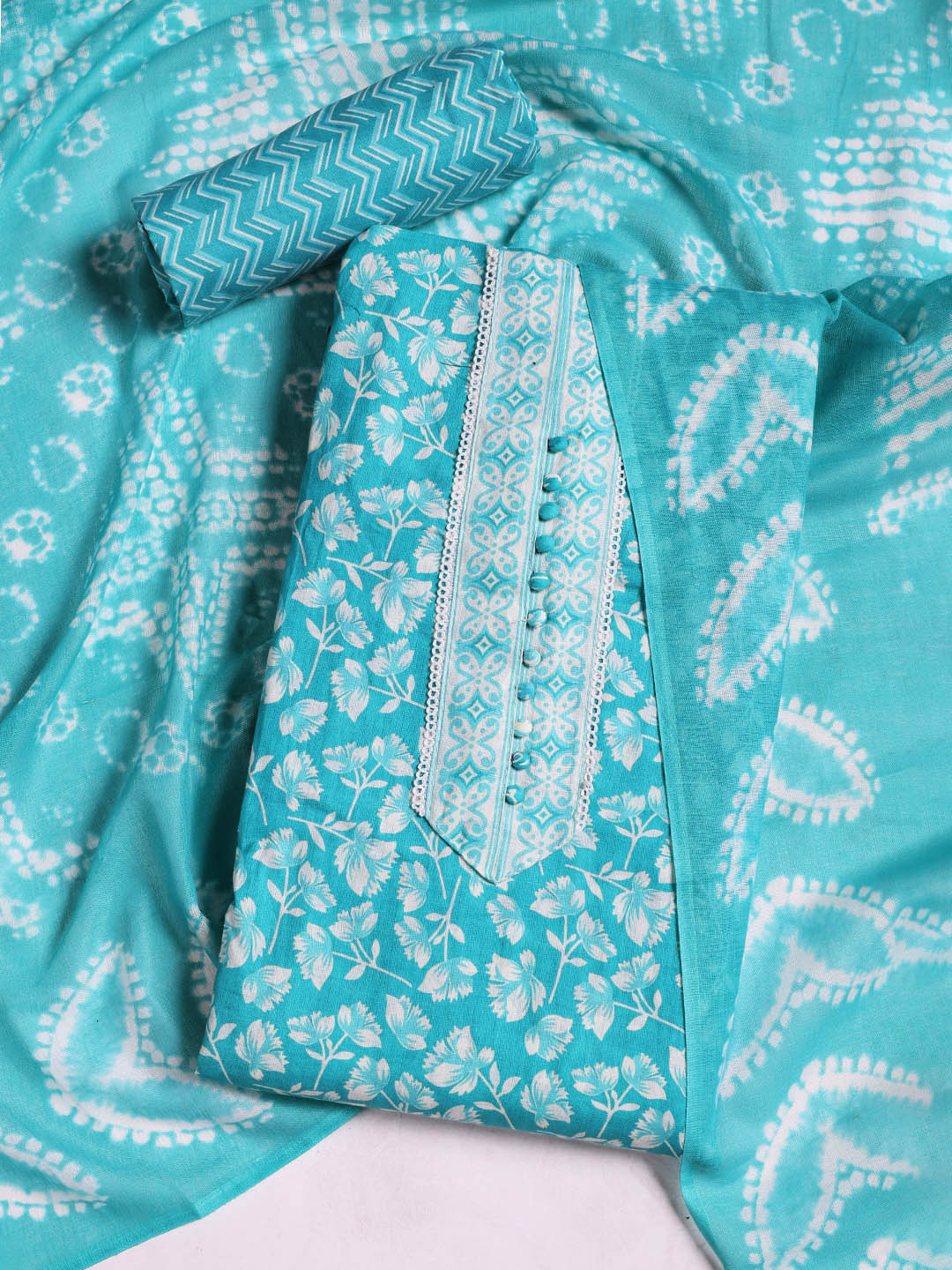 Printed Cotton Blend Unstitched Suit With Dupatta