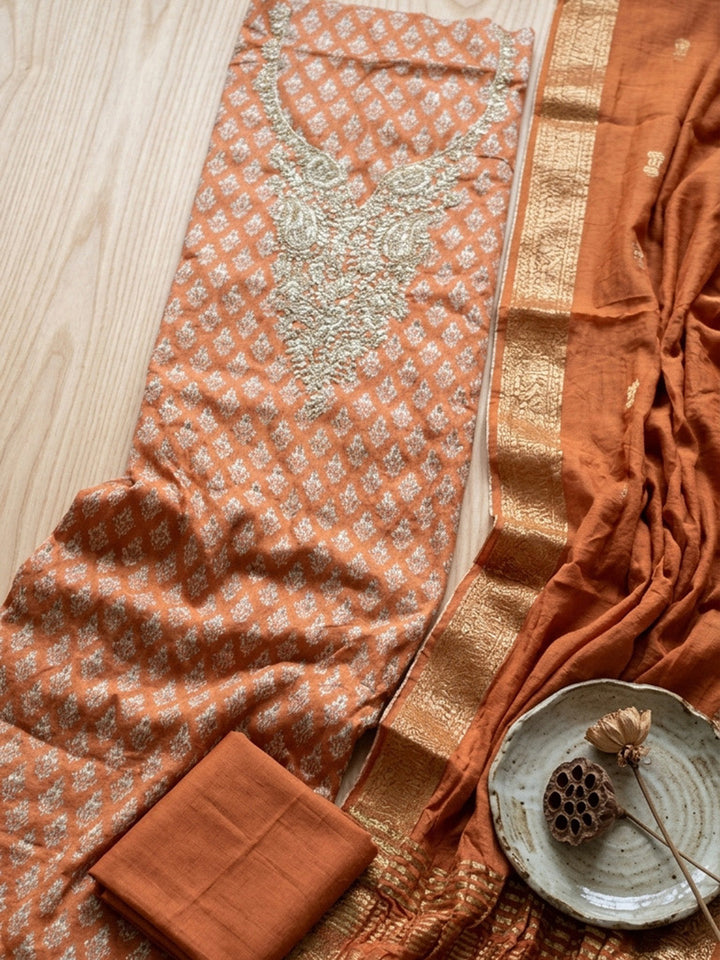 Embroidered Cotton Blend Unstitched Suit With Pant &amp; Dupatta