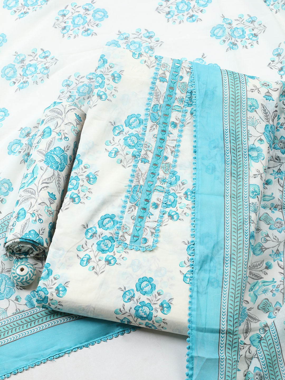 Embellished Cotton Blend Unstitched Suit With Pant Dupatta
