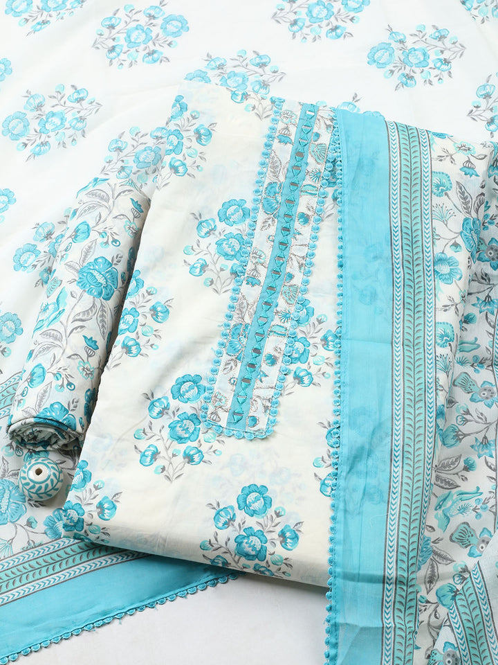 Embellished Cotton Blend Unstitched Suit With Pant Dupatta