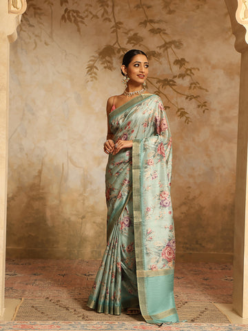 Digital Floral Printed Art Tussar Saree