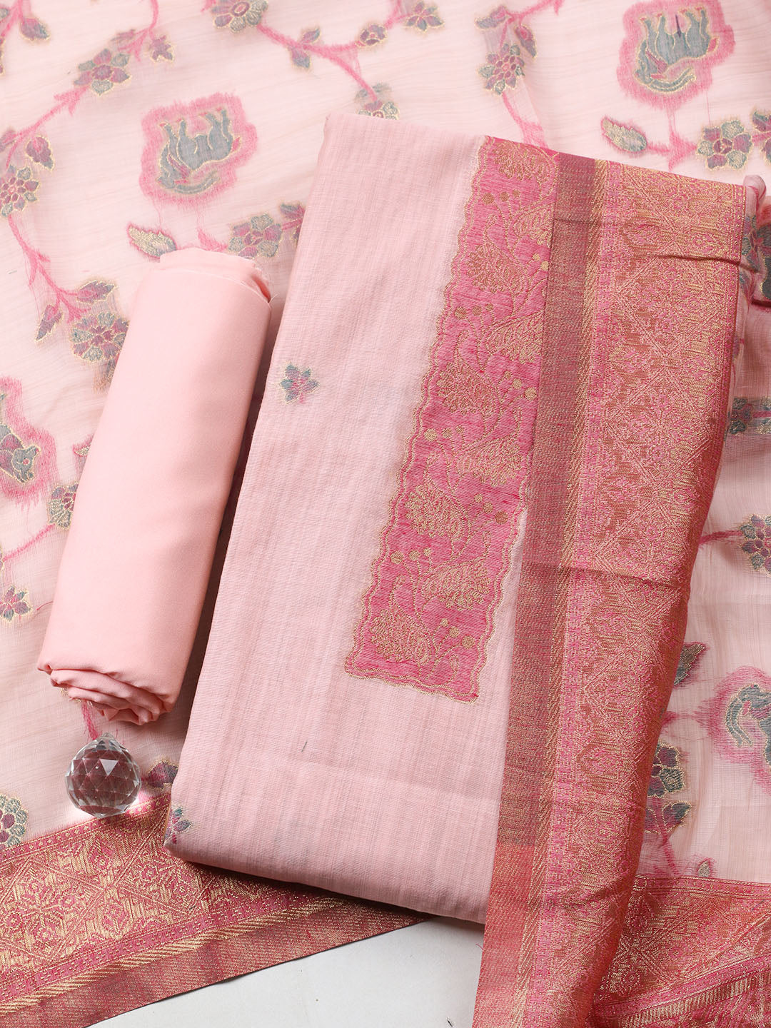 Woven Design Chanderi Unstitched Suit With Pant Dupatta