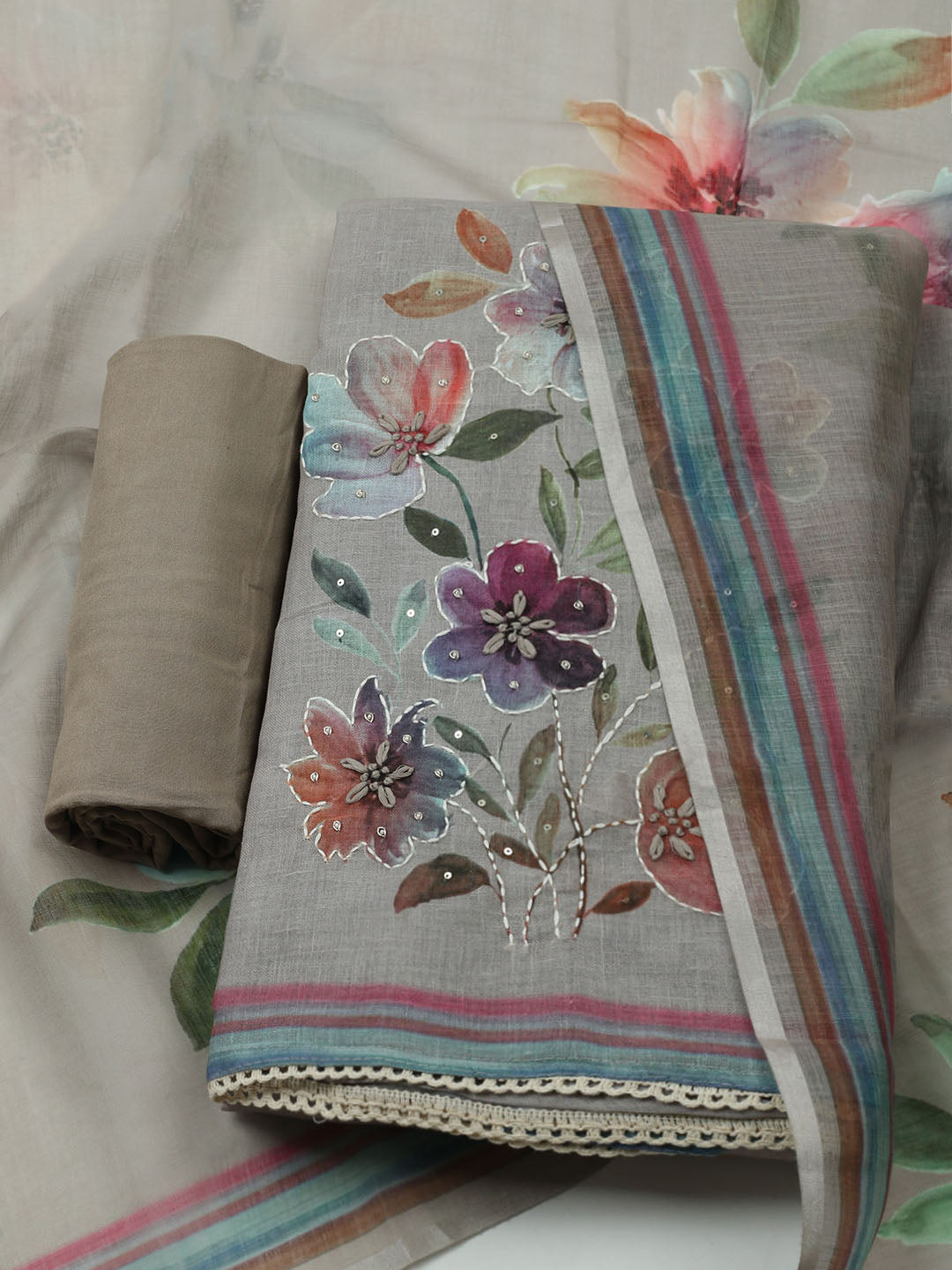 Printed Linen Unstitched Kurta With Pant &amp; Dupatta
